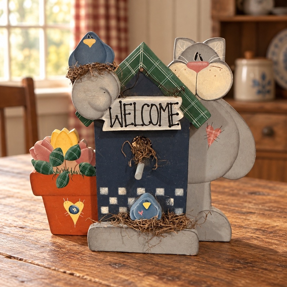 Vintage 2000 R Polniak Wood Folk Art Cat Birdhouse Welcome Sign Decor 9x8.5x1.5